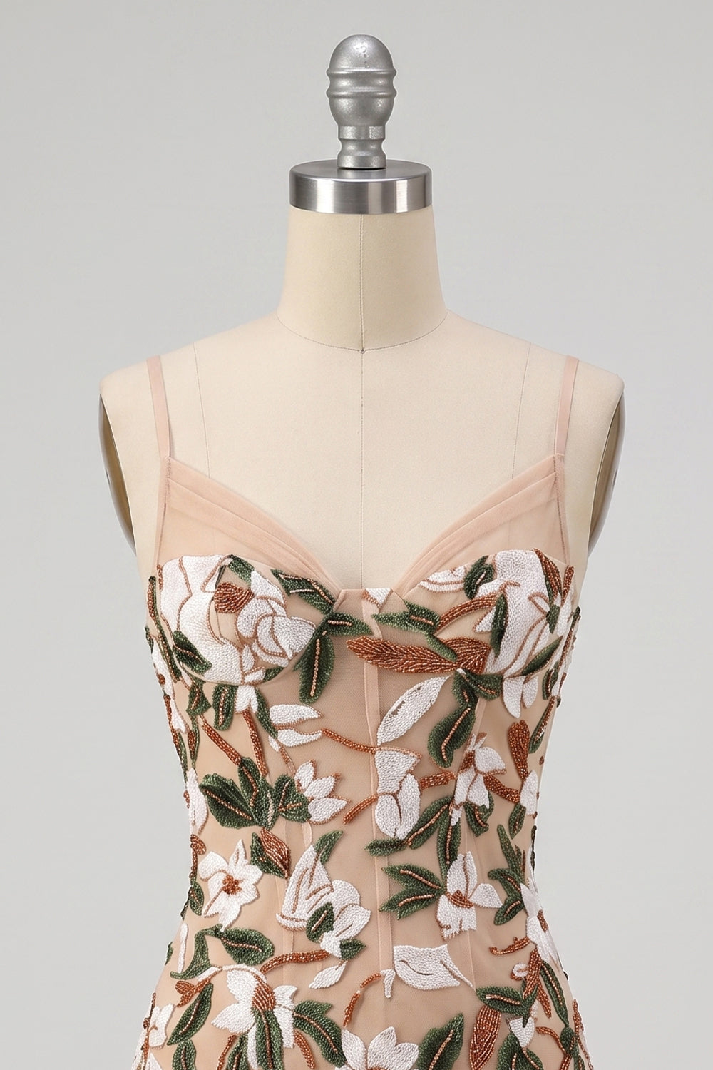 Sparkly Light Khaki Corset Tight Sequin Floral Short Homecoming Dress with Slit