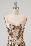 Sparkly Light Khaki Corset Tight Sequin Floral Short Homecoming Dress with Slit
