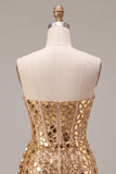 Sparkly Gold Corset Strapless Ruched Short Homecoming Dress with Mirror