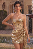 Sparkly Gold Corset Strapless Ruched Short Homecoming Dress with Mirror