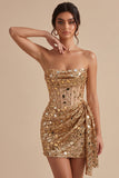 Sparkly Gold Corset Strapless Ruched Short Homecoming Dress with Mirror