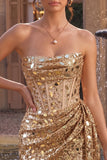 Sparkly Gold Corset Strapless Ruched Short Homecoming Dress with Mirror