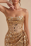 Sparkly Gold Corset Strapless Ruched Short Homecoming Dress with Mirror