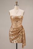 Sparkly Gold Corset Strapless Ruched Short Homecoming Dress with Mirror
