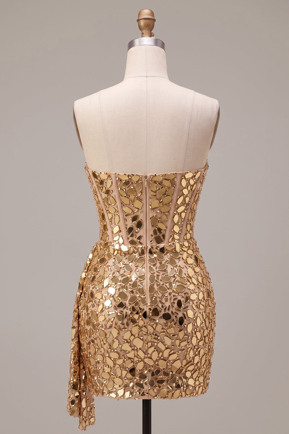 Sparkly Gold Corset Strapless Ruched Short Homecoming Dress with Mirror