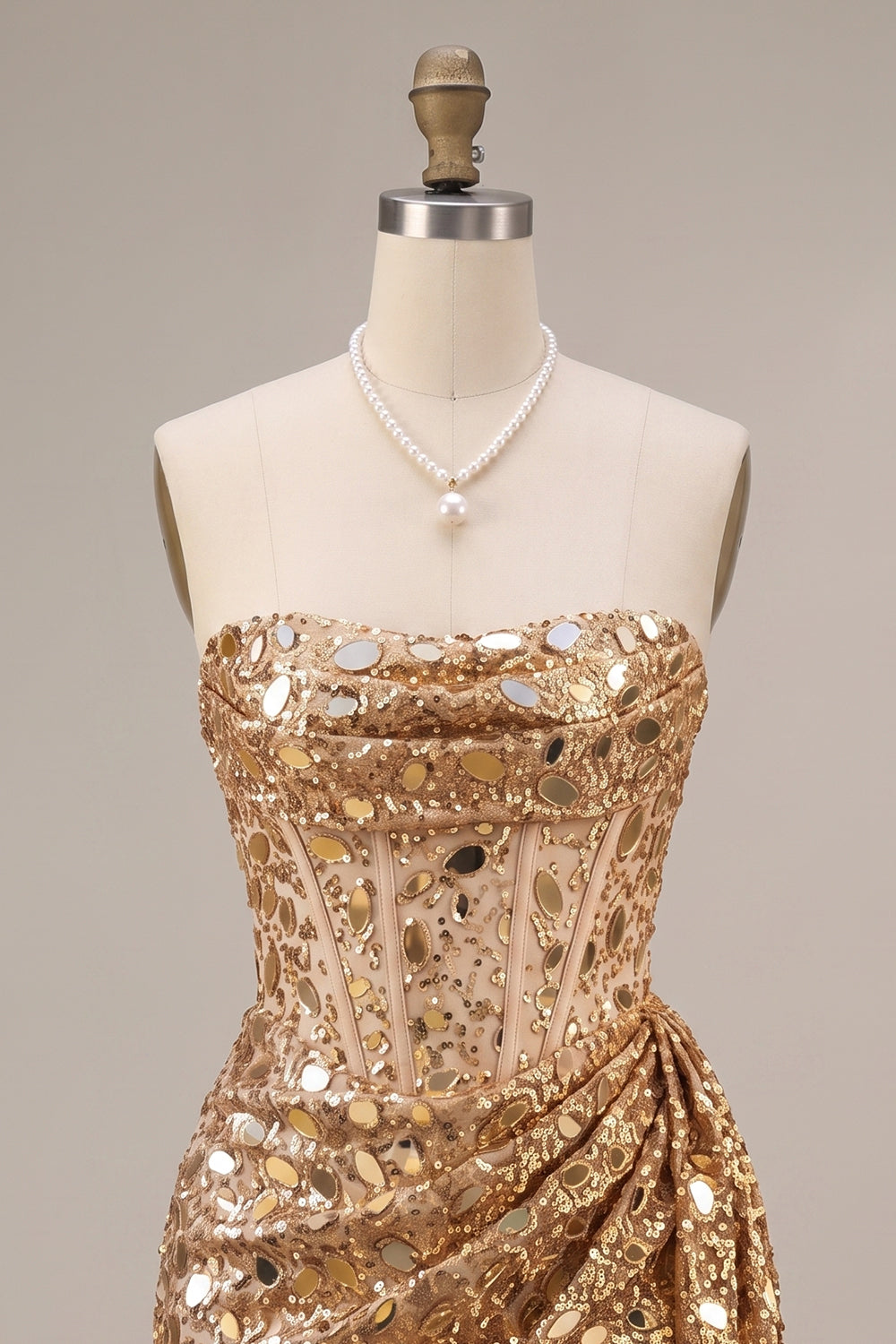 Sparkly Gold Corset Strapless Ruched Short Homecoming Dress with Mirror