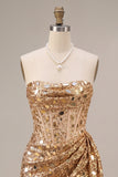 Sparkly Gold Corset Strapless Ruched Short Homecoming Dress with Mirror