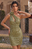 Sparkly Dark Green Sequin Keyhole Tight Short Homecoming Dress with 3D Flower
