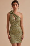 Sparkly Dark Green Sequin Keyhole Tight Short Homecoming Dress with 3D Flower