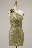 Sparkly Dark Green Sequin Keyhole Tight Short Homecoming Dress with 3D Flower