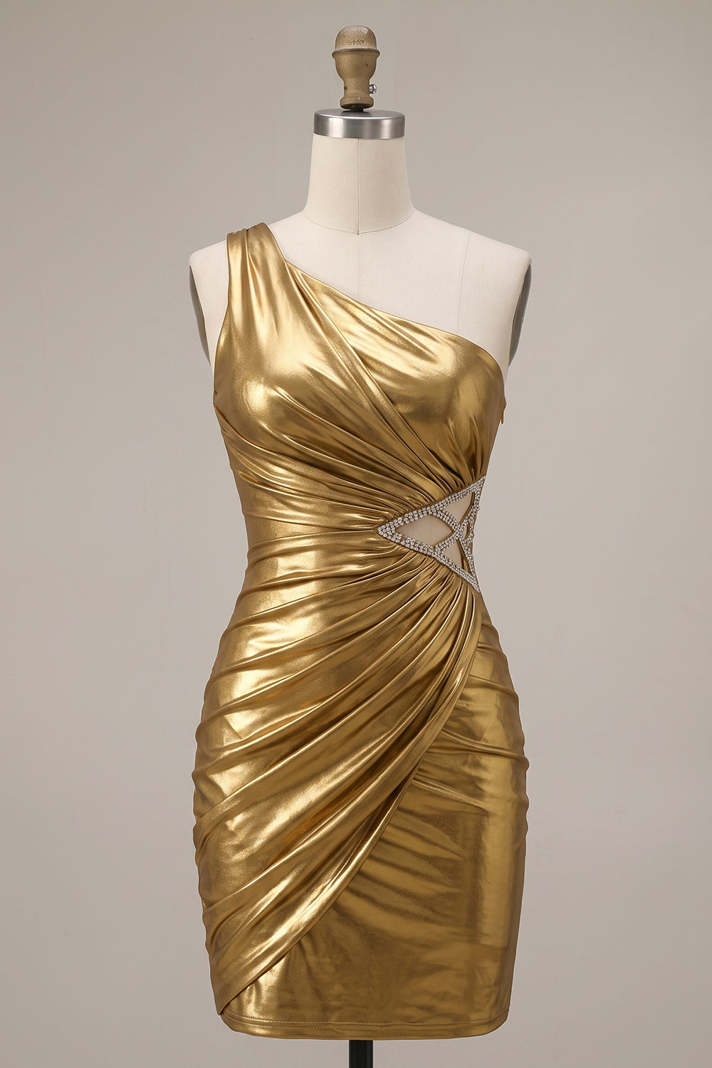 Sparkly Gold Tight Metallic Beaded Ruched Short Homecoming Dress with Cut Out