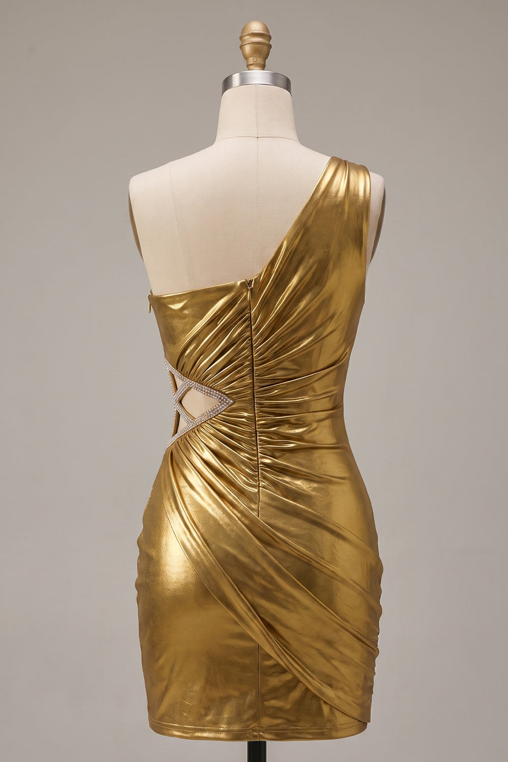 Sparkly Gold Tight Metallic Beaded Ruched Short Homecoming Dress with Cut Out