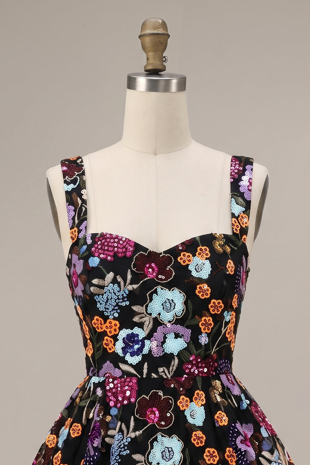 Sparkly Black A-Line Floral Sequin Short Homecoming Dress with Embroidery