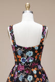 Sparkly Black A-Line Floral Sequin Short Homecoming Dress with Embroidery