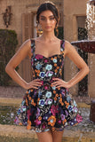 Sparkly Black A-Line Floral Sequin Short Homecoming Dress with Embroidery
