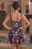 Sparkly Black A-Line Floral Sequin Short Homecoming Dress with Embroidery