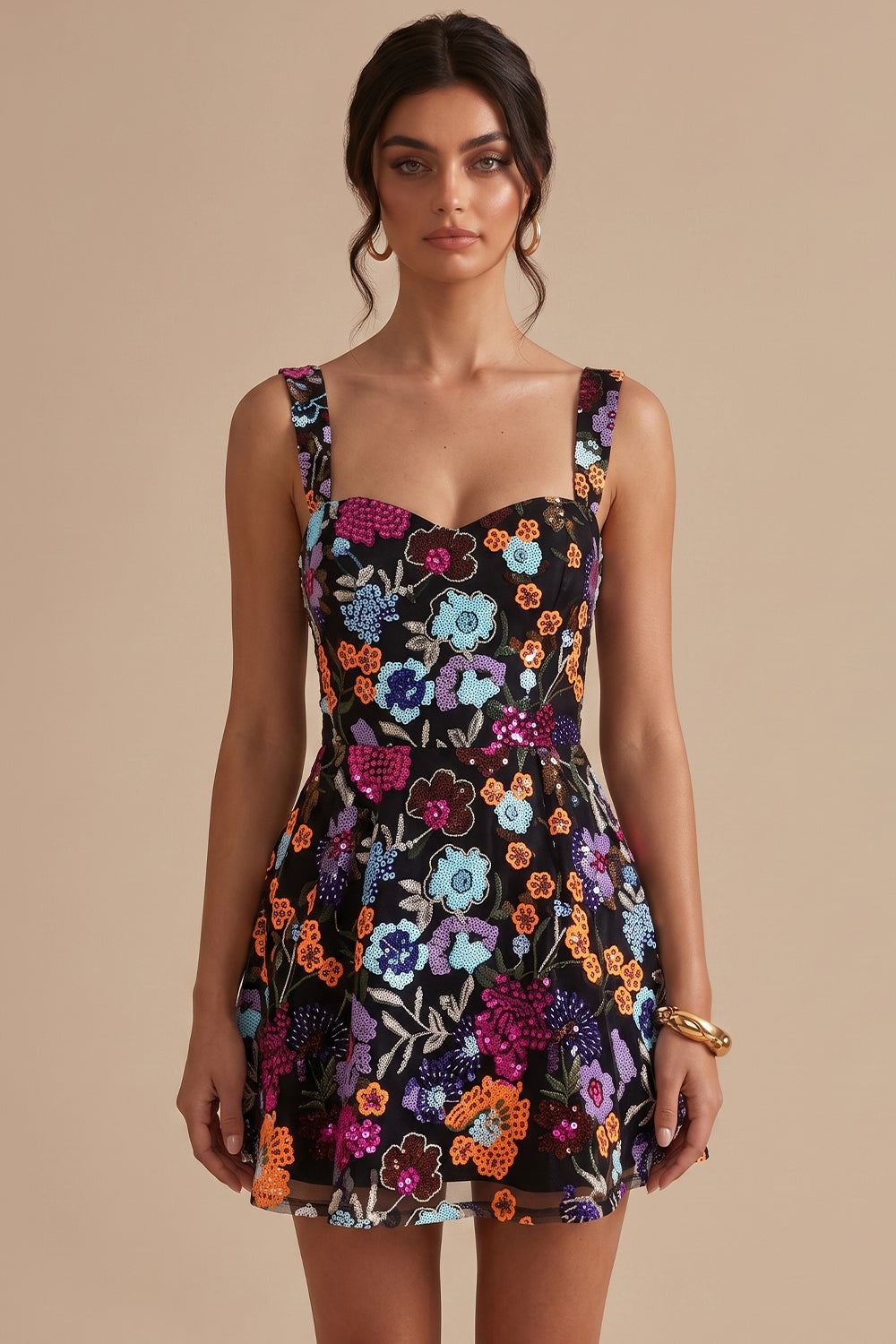 Sparkly Black A-Line Floral Sequin Short Homecoming Dress with Embroidery