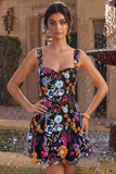 Sparkly Black A-Line Floral Sequin Short Homecoming Dress with Embroidery
