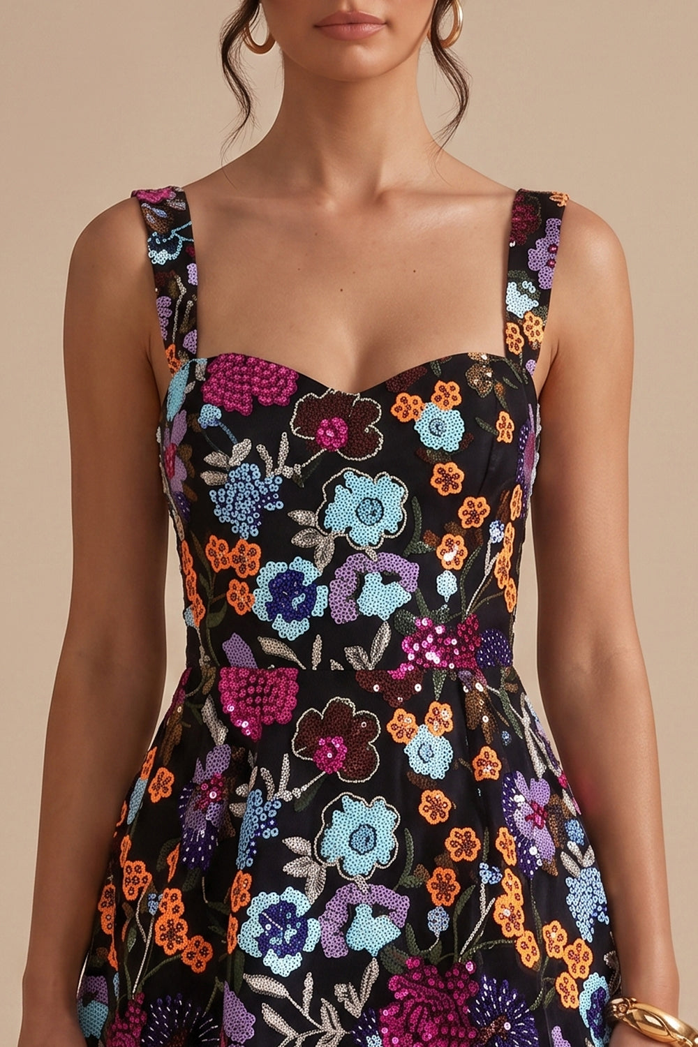 Sparkly Black A-Line Floral Sequin Short Homecoming Dress with Embroidery