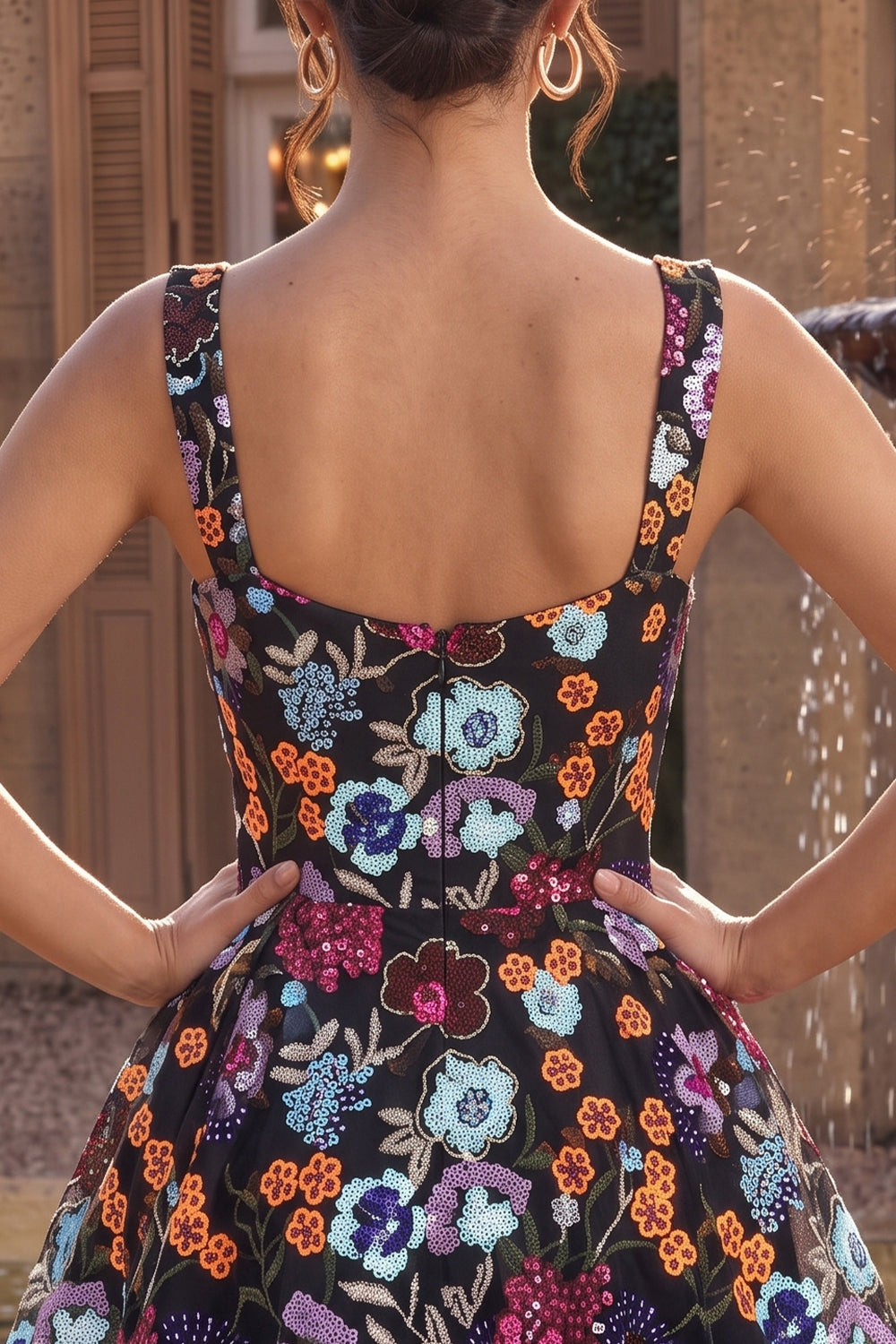 Sparkly Black A-Line Floral Sequin Short Homecoming Dress with Embroidery