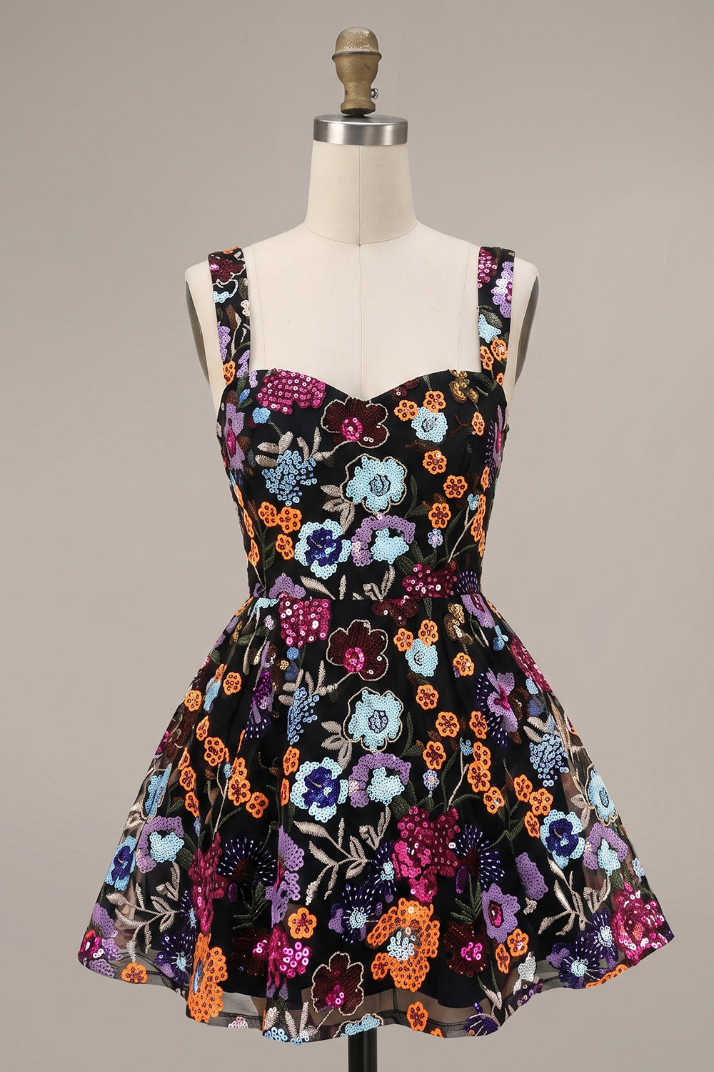 Sparkly Black A-Line Floral Sequin Short Homecoming Dress with Embroidery