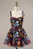 Sparkly Black A-Line Floral Sequin Short Homecoming Dress with Embroidery