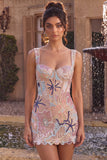 Sparkly Pink Floral Corset Tight Sequin Short Homecoming Dress