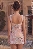 Sparkly Pink Floral Corset Tight Sequin Short Homecoming Dress
