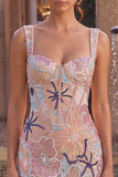 Sparkly Pink Floral Corset Tight Sequin Short Homecoming Dress