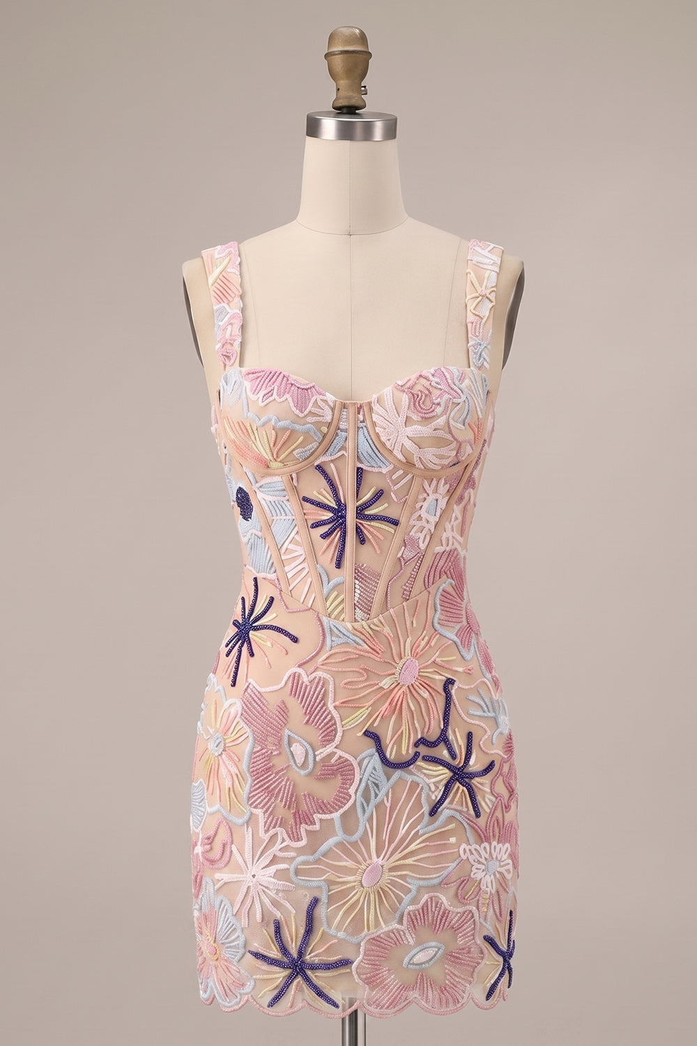 Sparkly Pink Floral Corset Tight Sequin Short Homecoming Dress