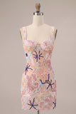 Sparkly Pink Floral Corset Tight Sequin Short Homecoming Dress