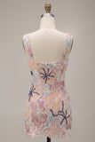 Sparkly Pink Floral Corset Tight Sequin Short Homecoming Dress