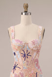 Sparkly Pink Floral Corset Tight Sequin Short Homecoming Dress