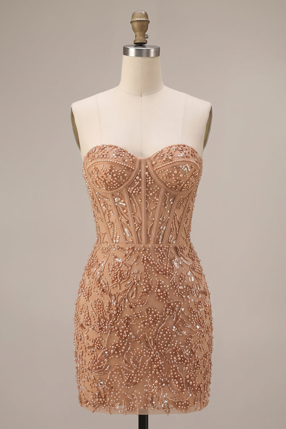 Sparkly Champagne Corset Tight Beaded Short Homecoming Dress