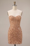 Sparkly Champagne Corset Tight Beaded Short Homecoming Dress