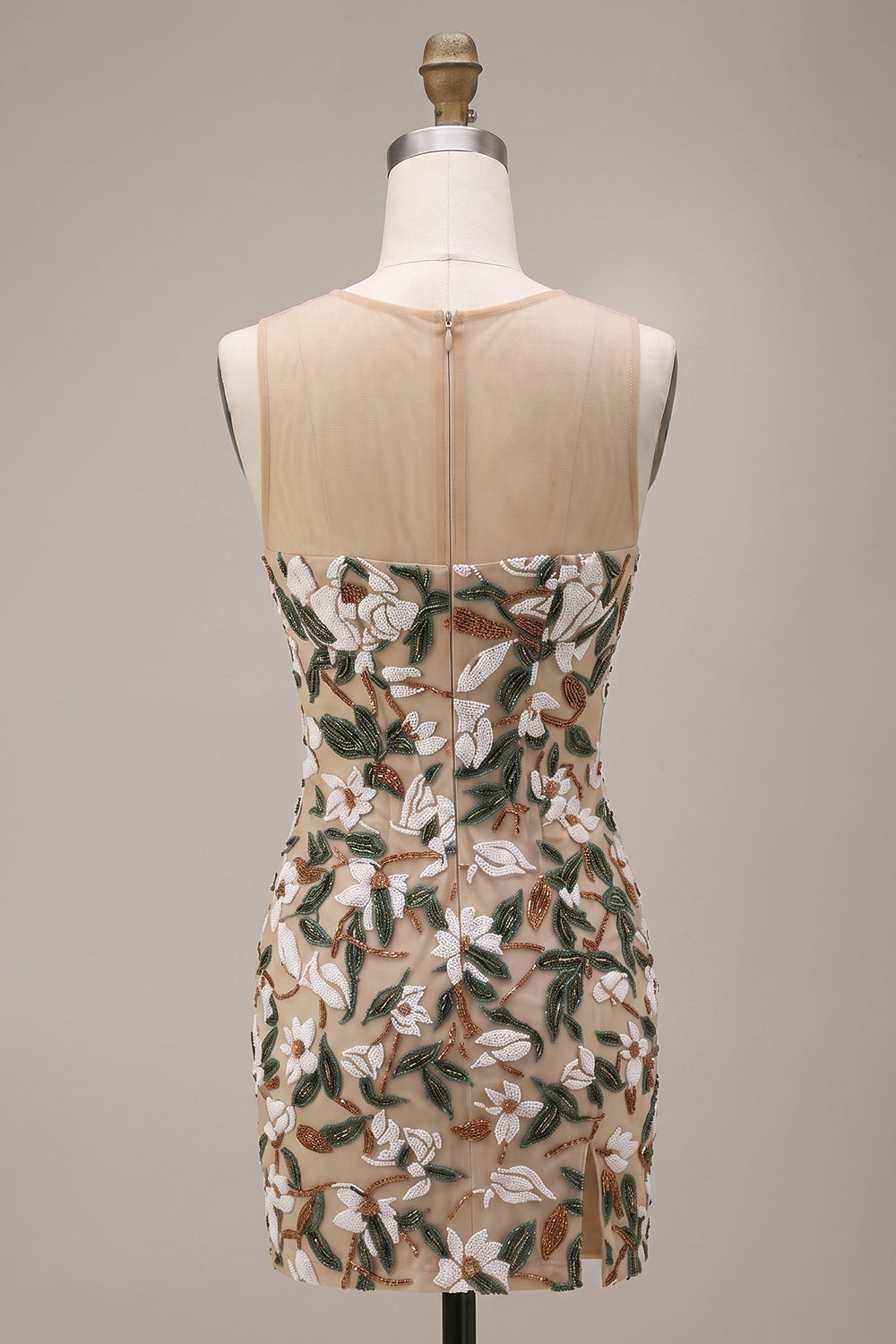 Sparkly Light Khaki Corset Tight Floral Short Homecoming Dress with Slit