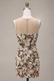 Sparkly Light Khaki Corset Tight Floral Short Homecoming Dress with Slit