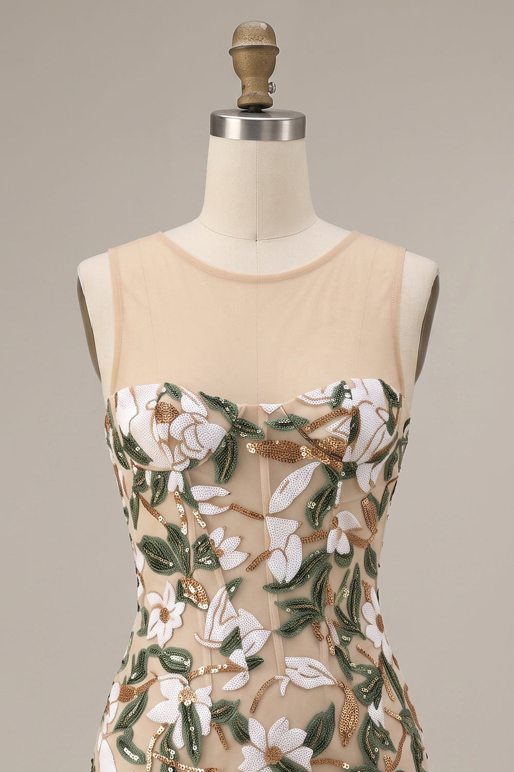Sparkly Light Khaki Corset Tight Floral Short Homecoming Dress with Slit