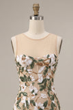 Sparkly Light Khaki Corset Tight Floral Short Homecoming Dress with Slit