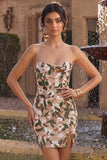 Sparkly Light Khaki Corset Tight Floral Short Homecoming Dress with Slit