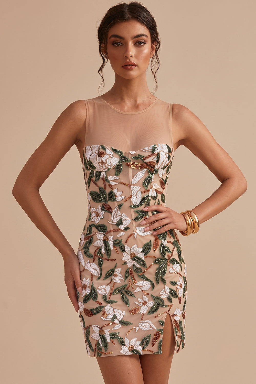Sparkly Light Khaki Corset Tight Floral Short Homecoming Dress with Slit