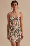 Sparkly Light Khaki Corset Tight Floral Short Homecoming Dress with Slit