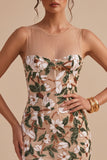 Sparkly Light Khaki Corset Tight Floral Short Homecoming Dress with Slit