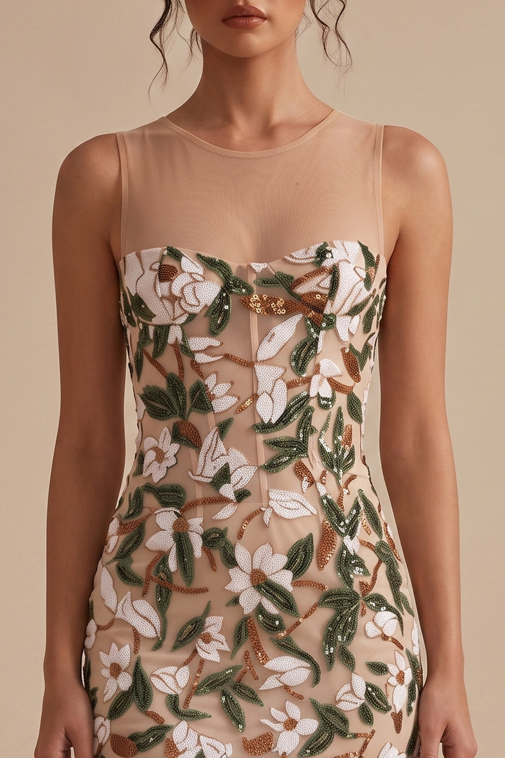 Sparkly Light Khaki Corset Tight Floral Short Homecoming Dress with Slit