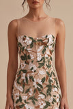 Sparkly Light Khaki Corset Tight Floral Short Homecoming Dress with Slit