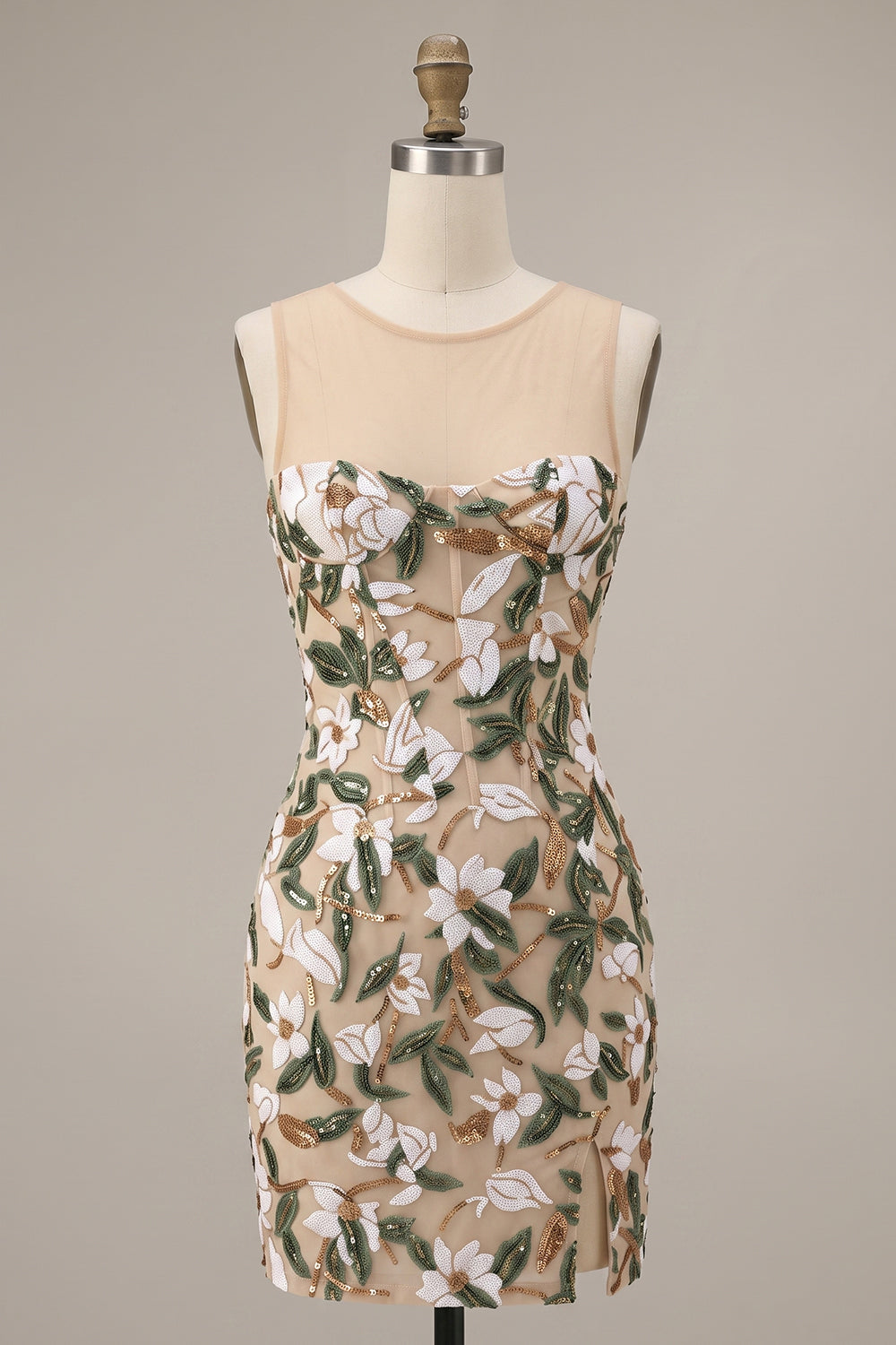 Sparkly Light Khaki Corset Tight Floral Short Homecoming Dress with Slit