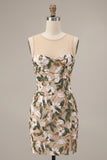 Sparkly Light Khaki Corset Tight Floral Short Homecoming Dress with Slit