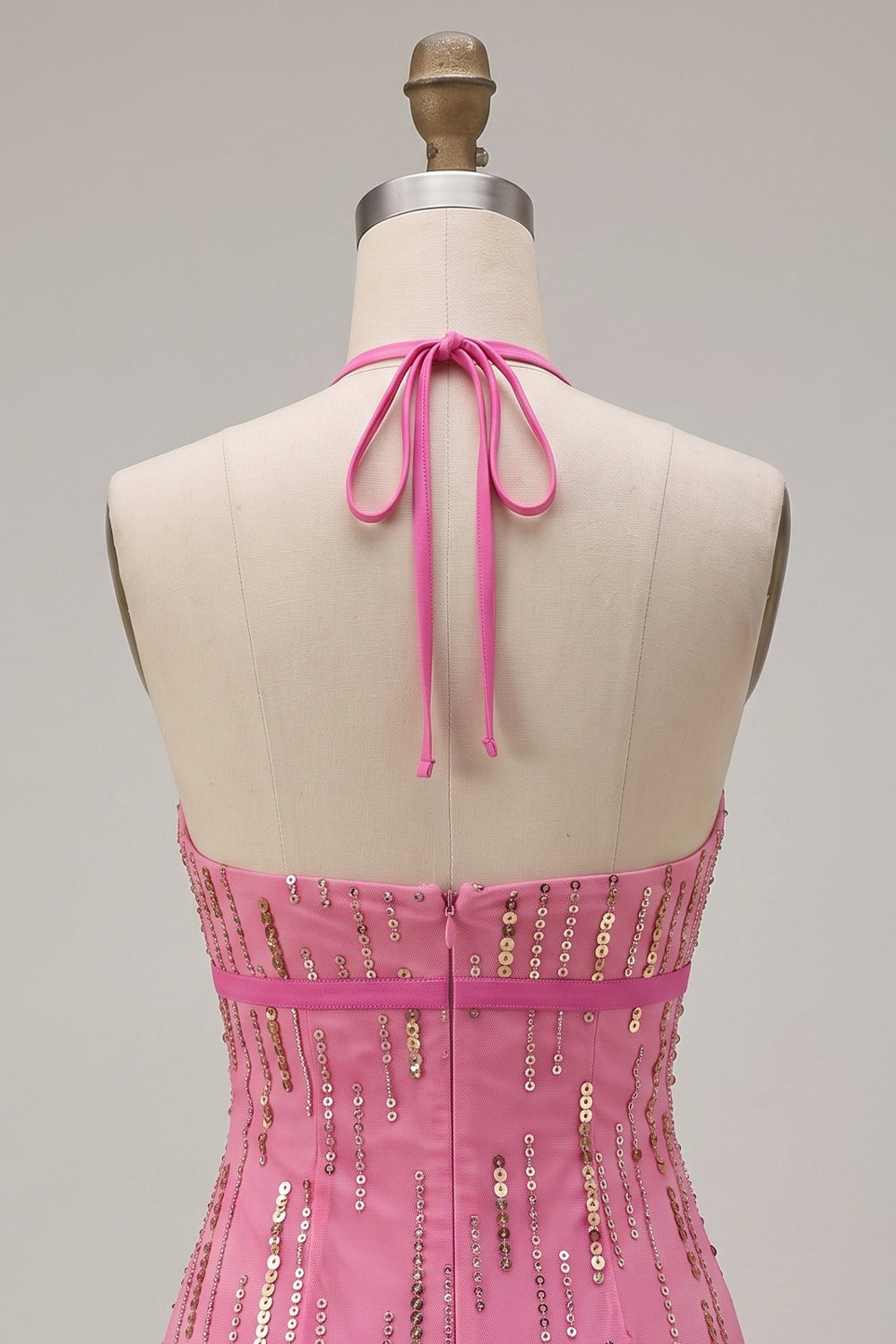 Sparkly Fuchsia Tight Halter Sequin Short Homecoming Dress with Bow