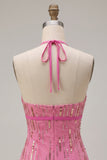 Sparkly Fuchsia Tight Halter Sequin Short Homecoming Dress with Bow