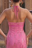 Sparkly Fuchsia Tight Halter Sequin Short Homecoming Dress with Bow